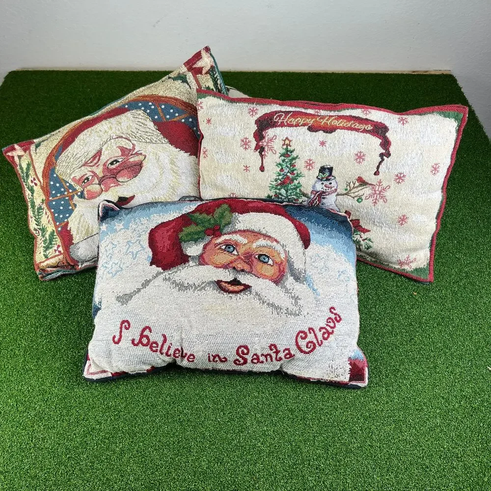 Lot of 3 Christmas Tapestry Needlepoint Santa Holiday Throw Pillows Vintage